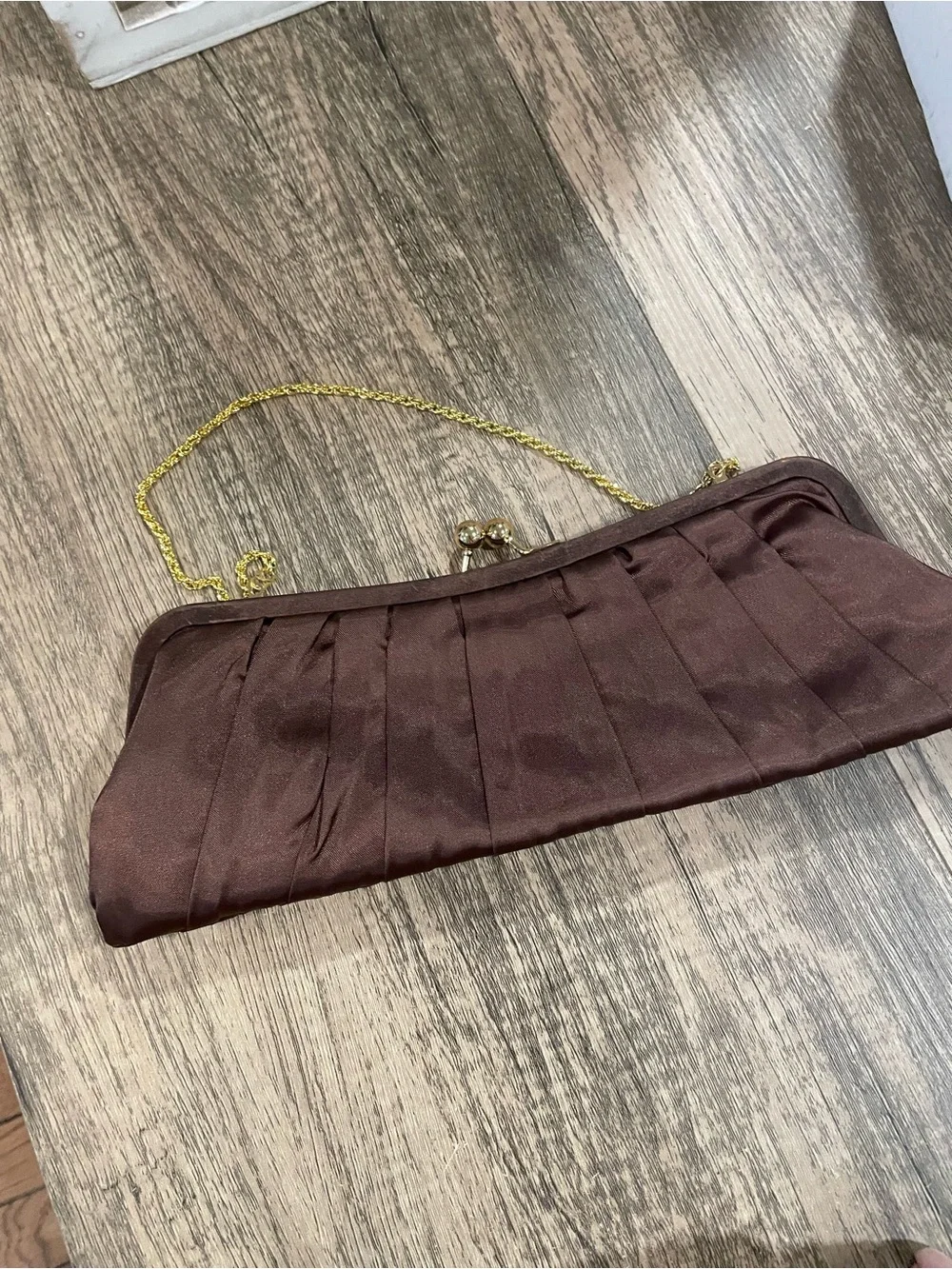 Cache Chocolate Brown Satin Pleated Wristlet with Gold Chain